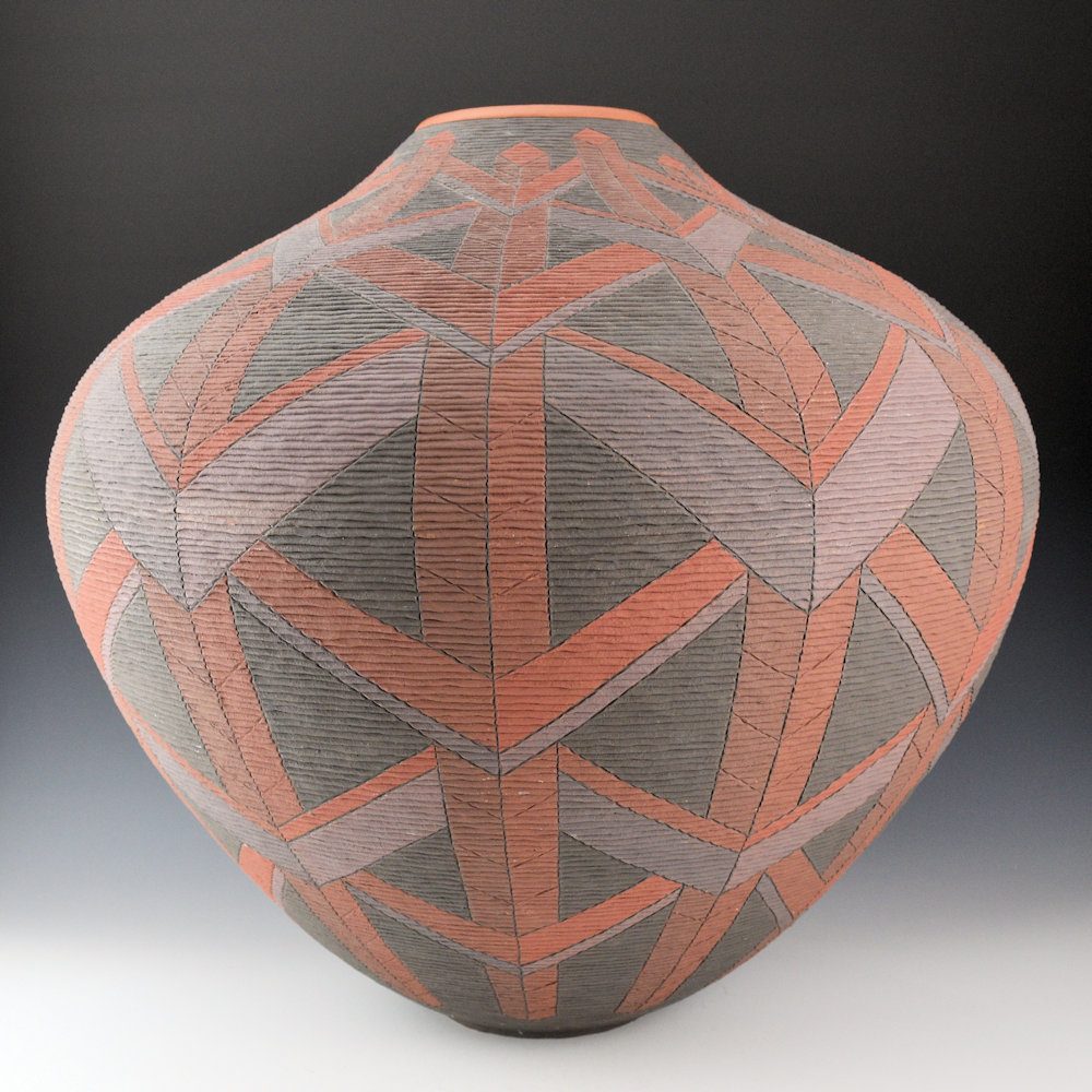Zane Smith, Richard - 16" Wide Corrugated Jar with Op-Art Design (1992) - Image 4