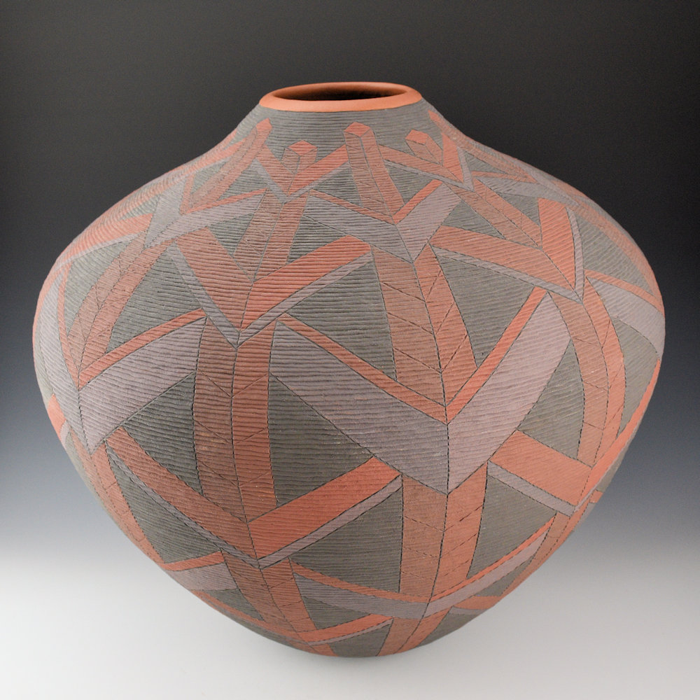Zane Smith, Richard - 16" Wide Corrugated Jar with Op-Art Design (1992)