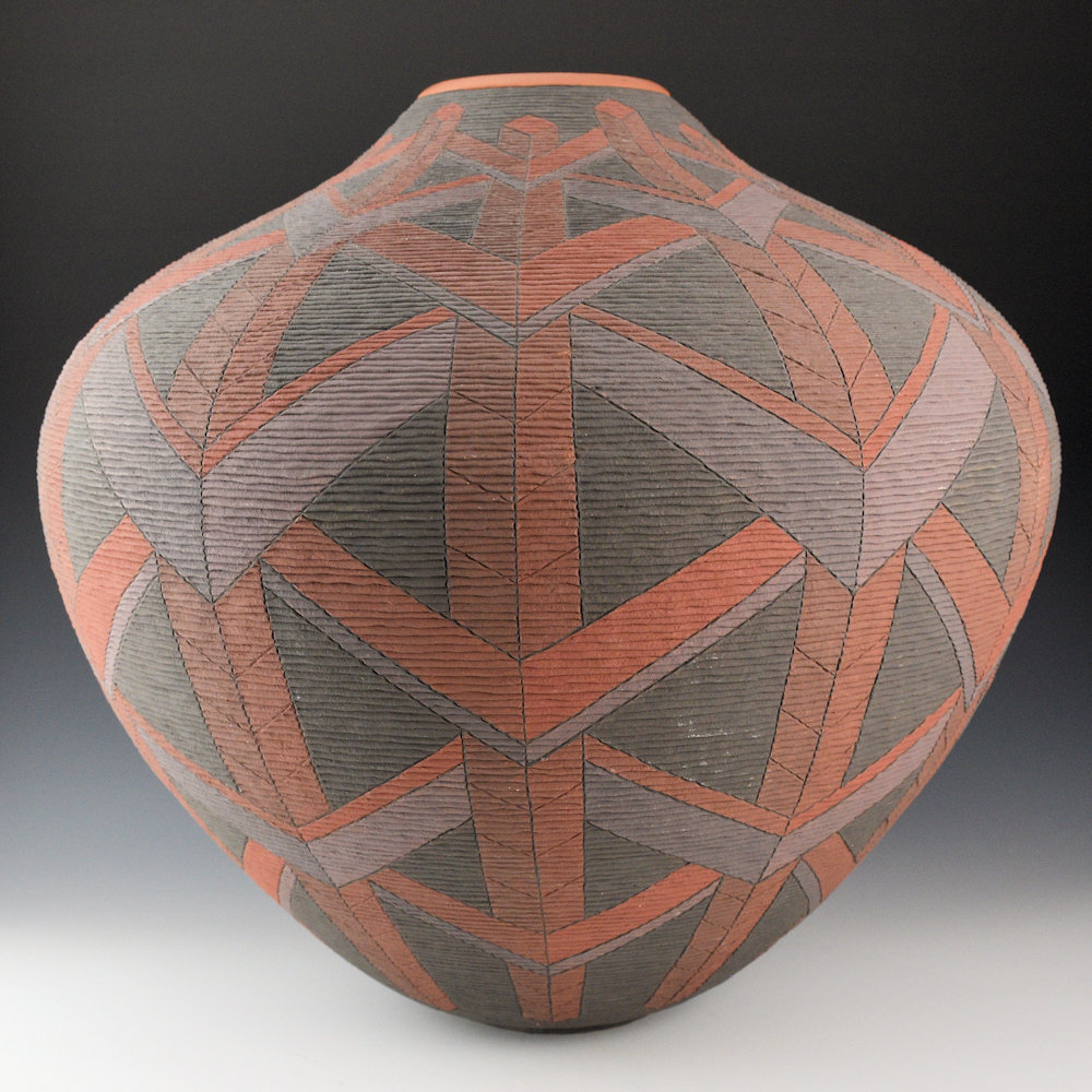 Zane Smith, Richard - 16" Wide Corrugated Jar with Op-Art Design (1992) - Image 2