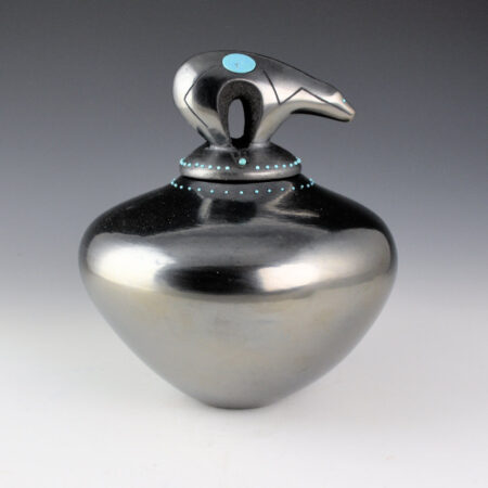 Sanchez, Russell  - Large Gunmetal Fired Bowl with Heartline Bear Lid and 91 Inset Turquoise Stones