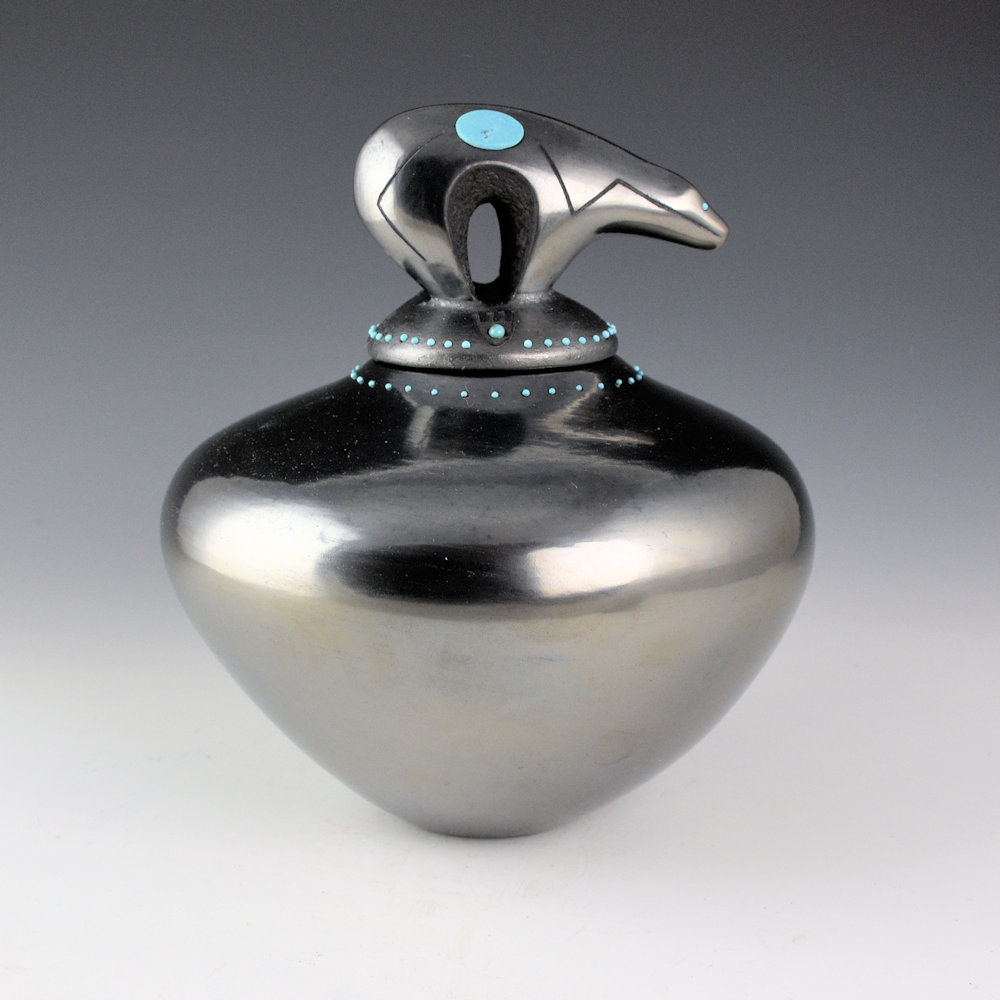 Sanchez, Russell - Large Gunmetal Fired Bowl with Heartline Bear Lid and 91 Inset Turquoise Stones