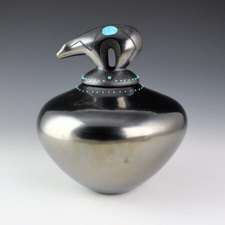 Alternative view of Sanchez, Russell  - Large Gunmetal Fired Bowl with Heartline Bear Lid and 91 Inset Turquoise Stones