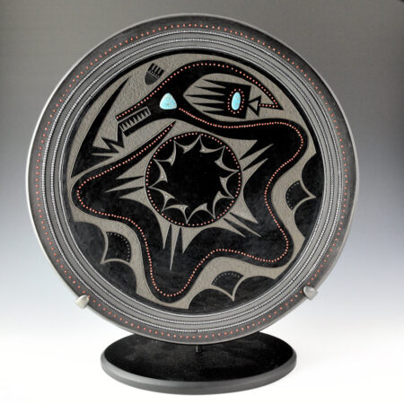 Alternative view of Sanchez, Russell  - 13.5" Gunmetal Fired Plate with Avanyu and 607 Inset Stones