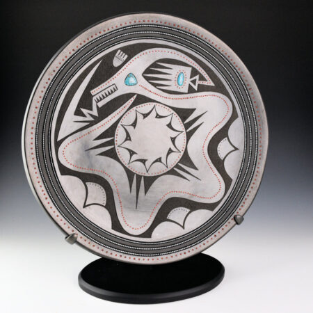 Sanchez, Russell  - 13.5" Gunmetal Fired Plate with Avanyu and 607 Inset Stones