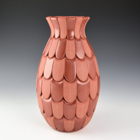 Tafoya, Stephanie - "Shadow Blossom" Red Jar with 96 Feathers