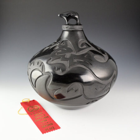 Naranjo-Garcia, Sharon - 11" Tall Jar with Avanyu, Feathers, and Bear Lid (2005) Ribbon
