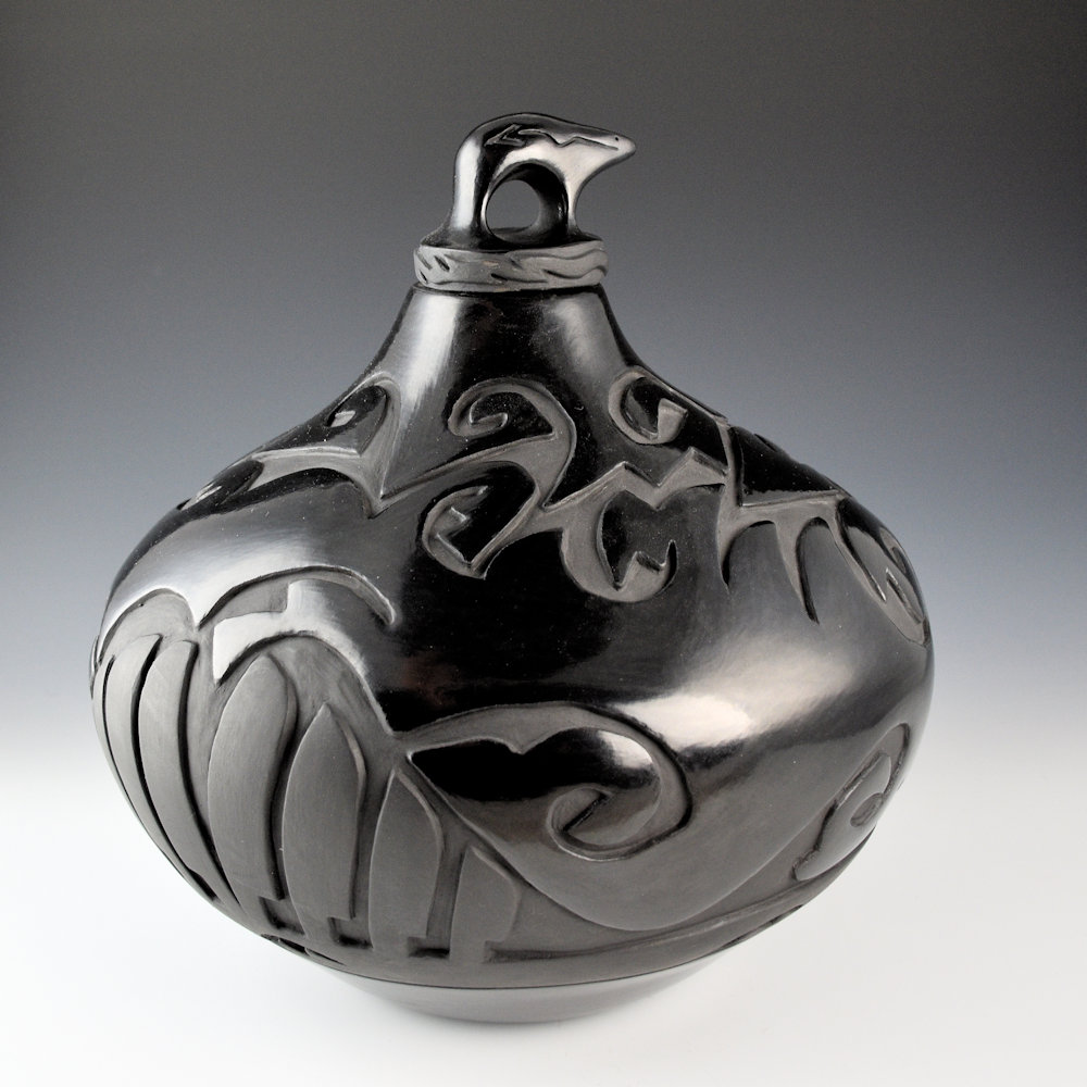 Naranjo-Garcia, Sharon - 11" Tall Jar with Avanyu, Feathers, and Bear Lid (2005) Ribbon - Image 2