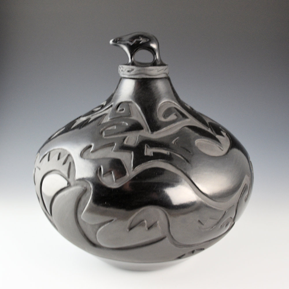 Naranjo-Garcia, Sharon - 11" Tall Jar with Avanyu, Feathers, and Bear Lid (2005) Ribbon - Image 5