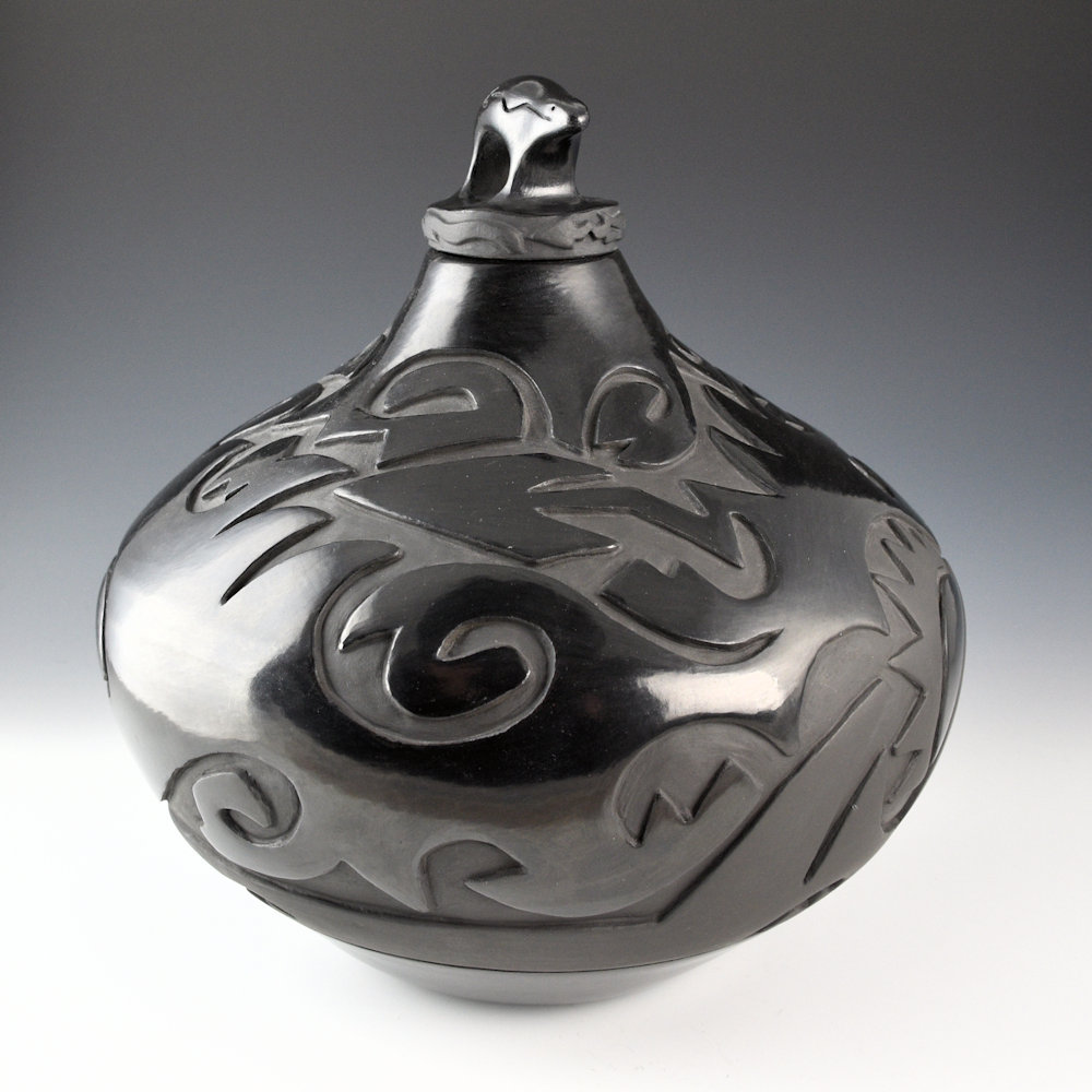 Naranjo-Garcia, Sharon - 11" Tall Jar with Avanyu, Feathers, and Bear Lid (2005) Ribbon - Image 3
