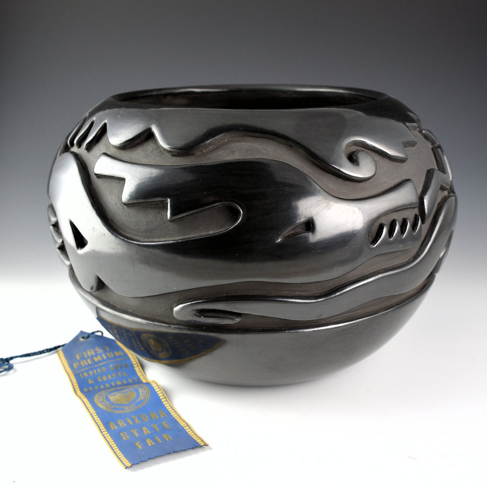 Naranjo, Teresita - 11" Wide Bowl with Carved Avanyu (1980s) Ribbon