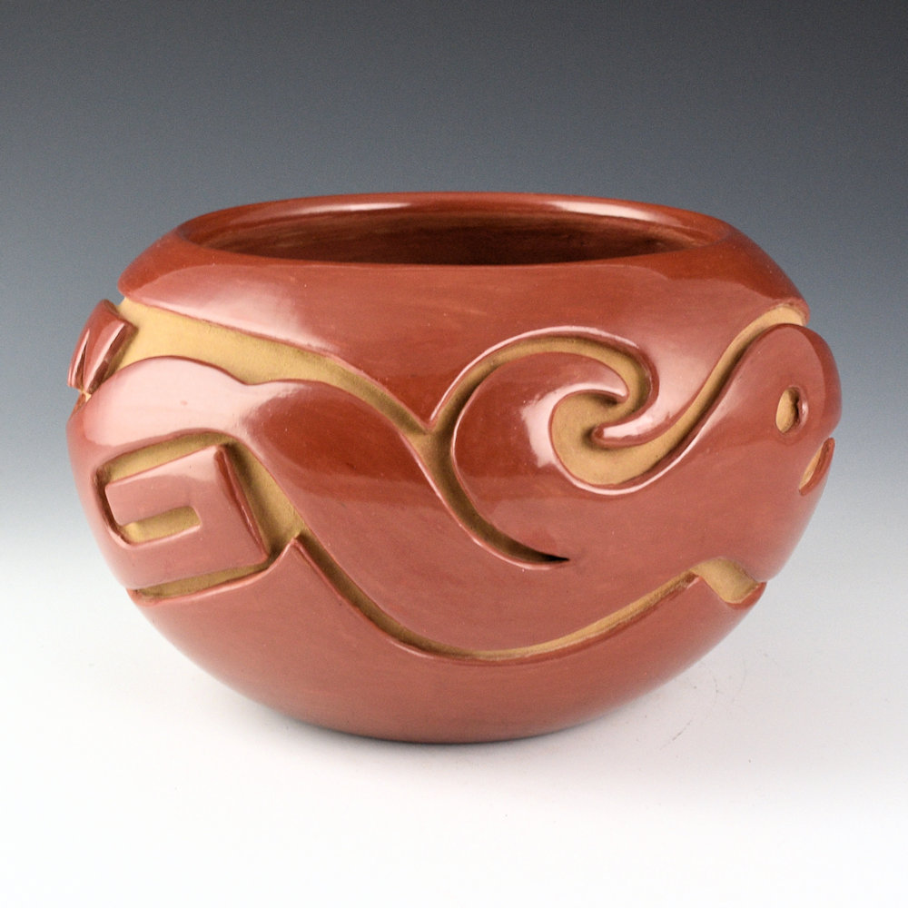 Naranjo, Teresita - Red Deep Carved Bowl with Avanyu (1980s) - Image 3