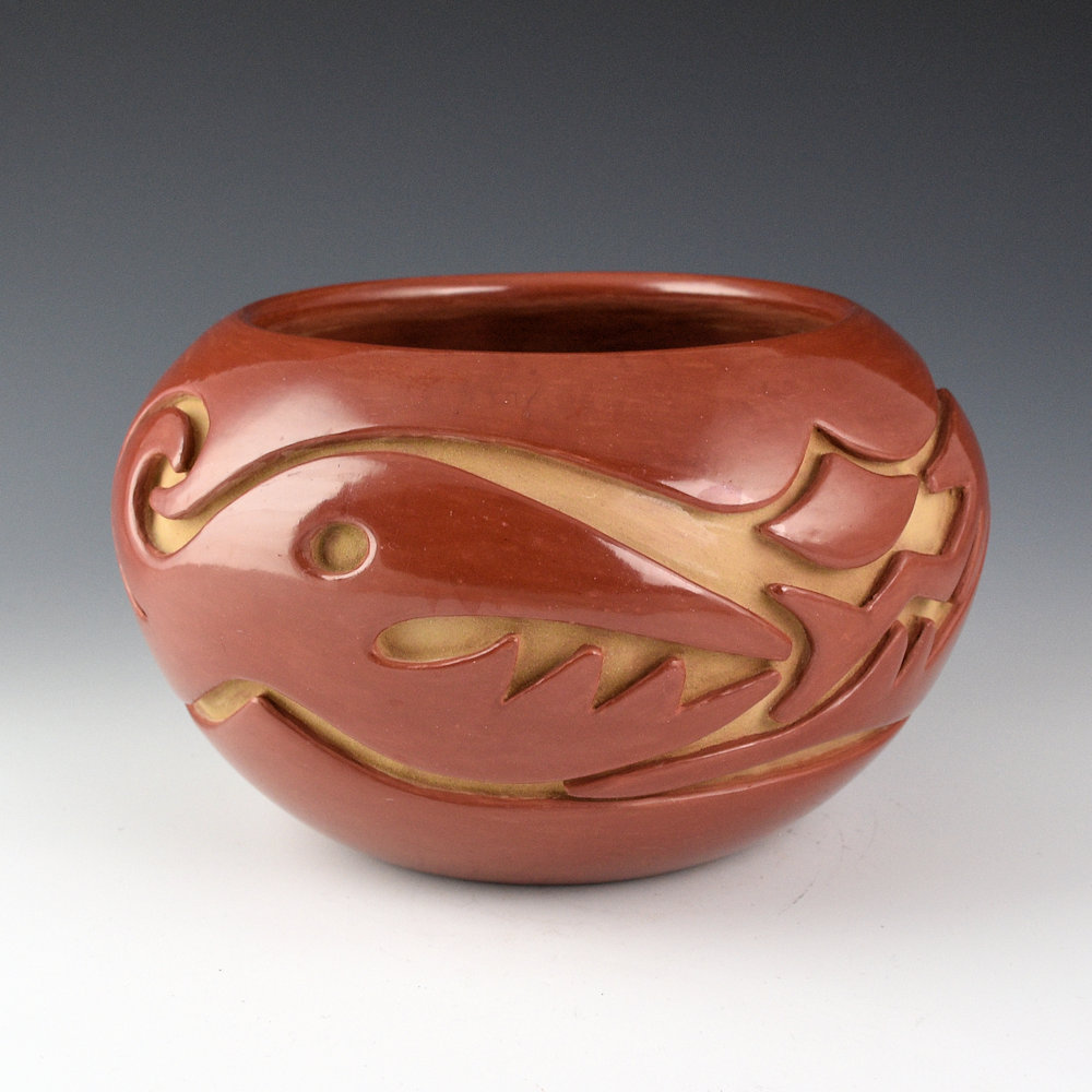 Naranjo, Teresita - Red Deep Carved Bowl with Avanyu (1980s)