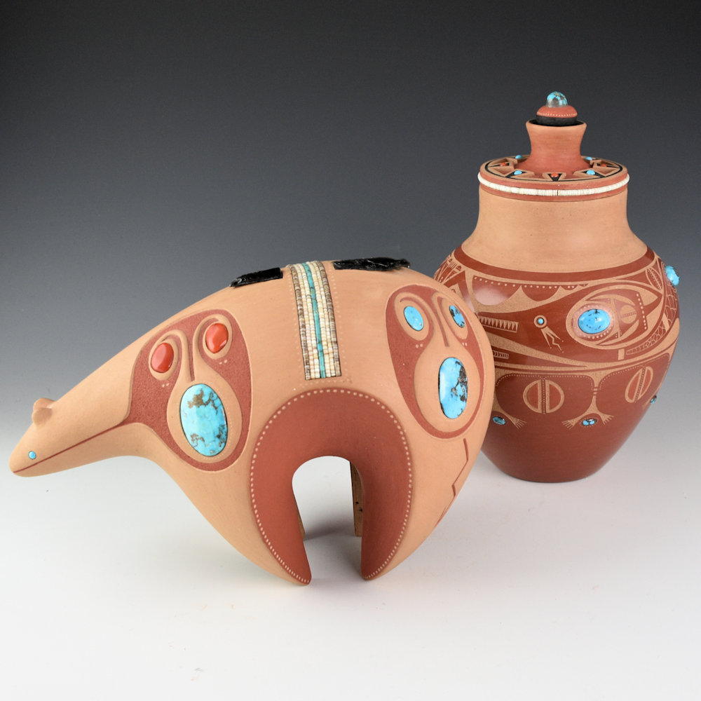 Da, Tony - Avanyu Jar with Carved Lid and Turquoise and Coral (1978-9) - Image 8