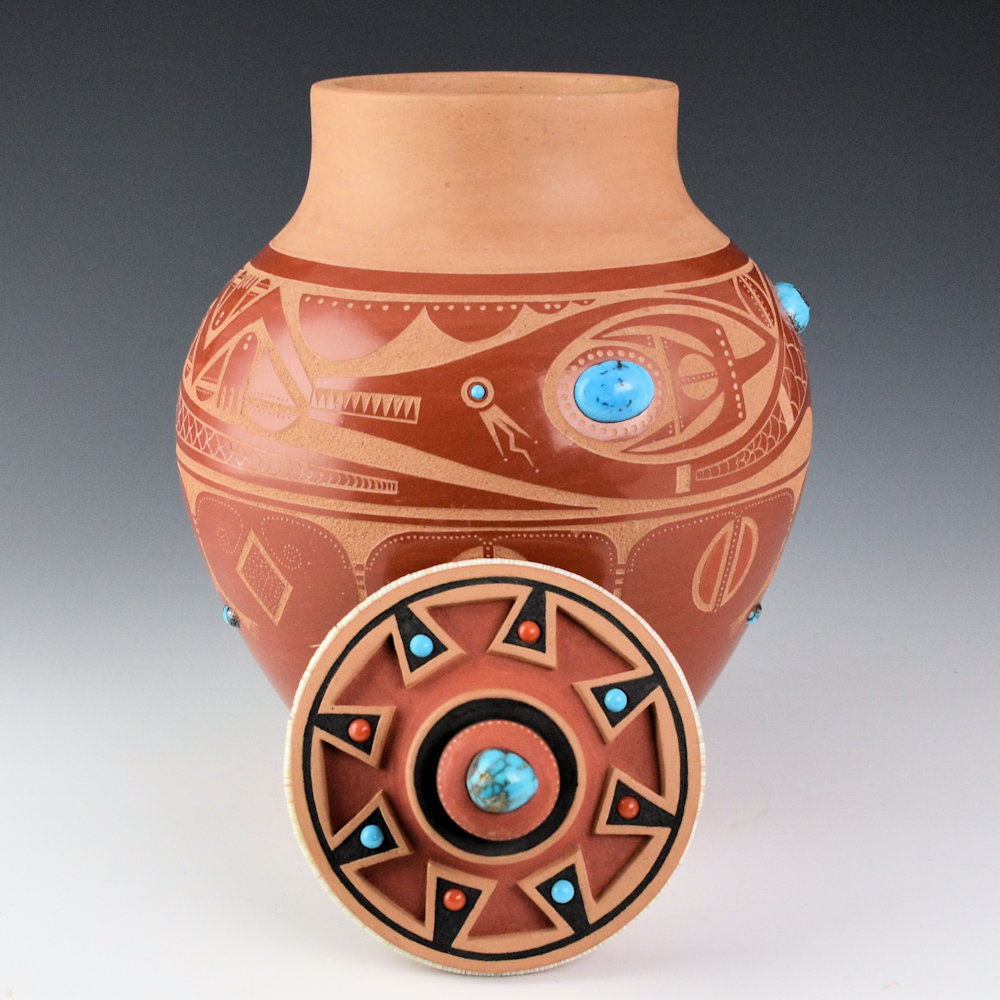 Da, Tony - Avanyu Jar with Carved Lid and Turquoise and Coral (1978-9) - Image 6