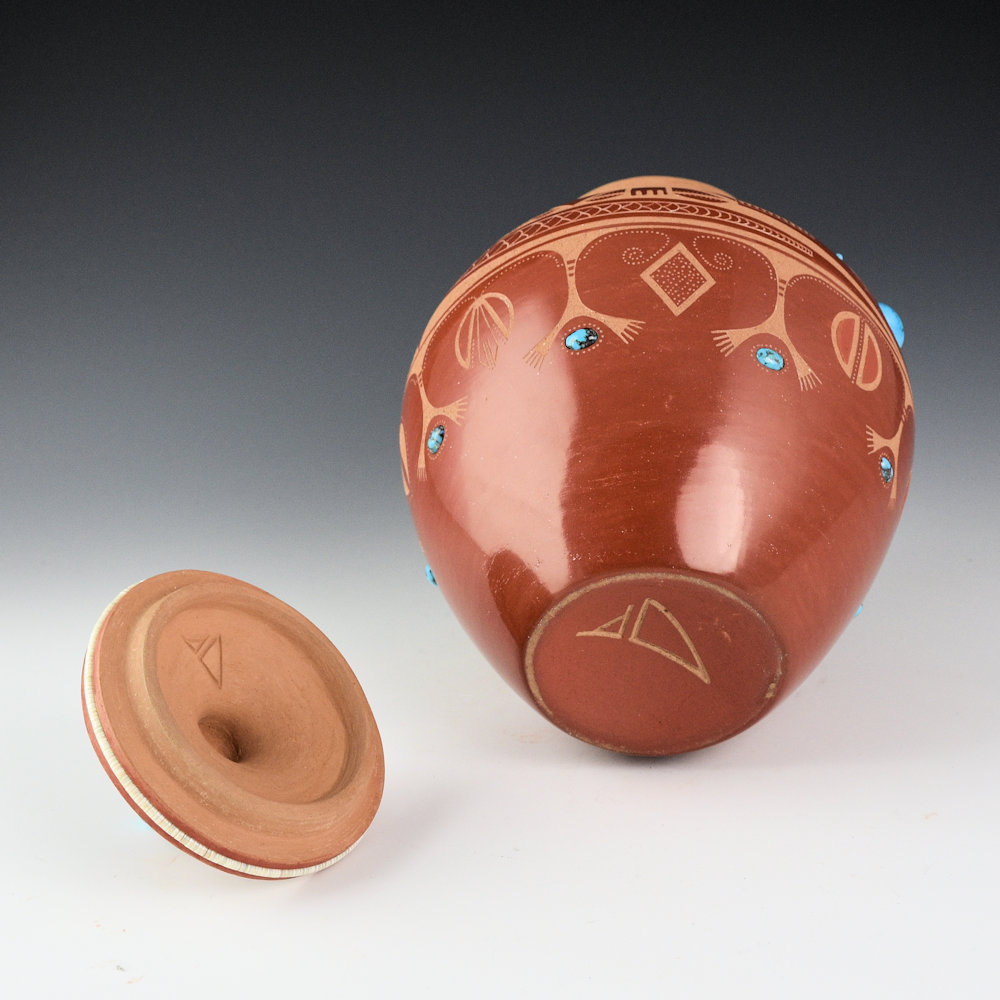 Da, Tony - Avanyu Jar with Carved Lid and Turquoise and Coral (1978-9) - Image 7