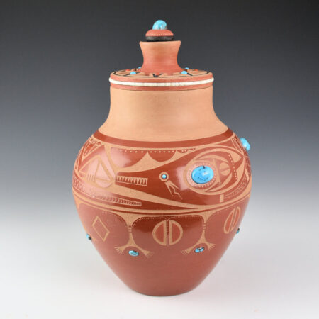 Da, Tony - Avanyu Jar with Carved Lid and Turquoise and Coral (1978-9)
