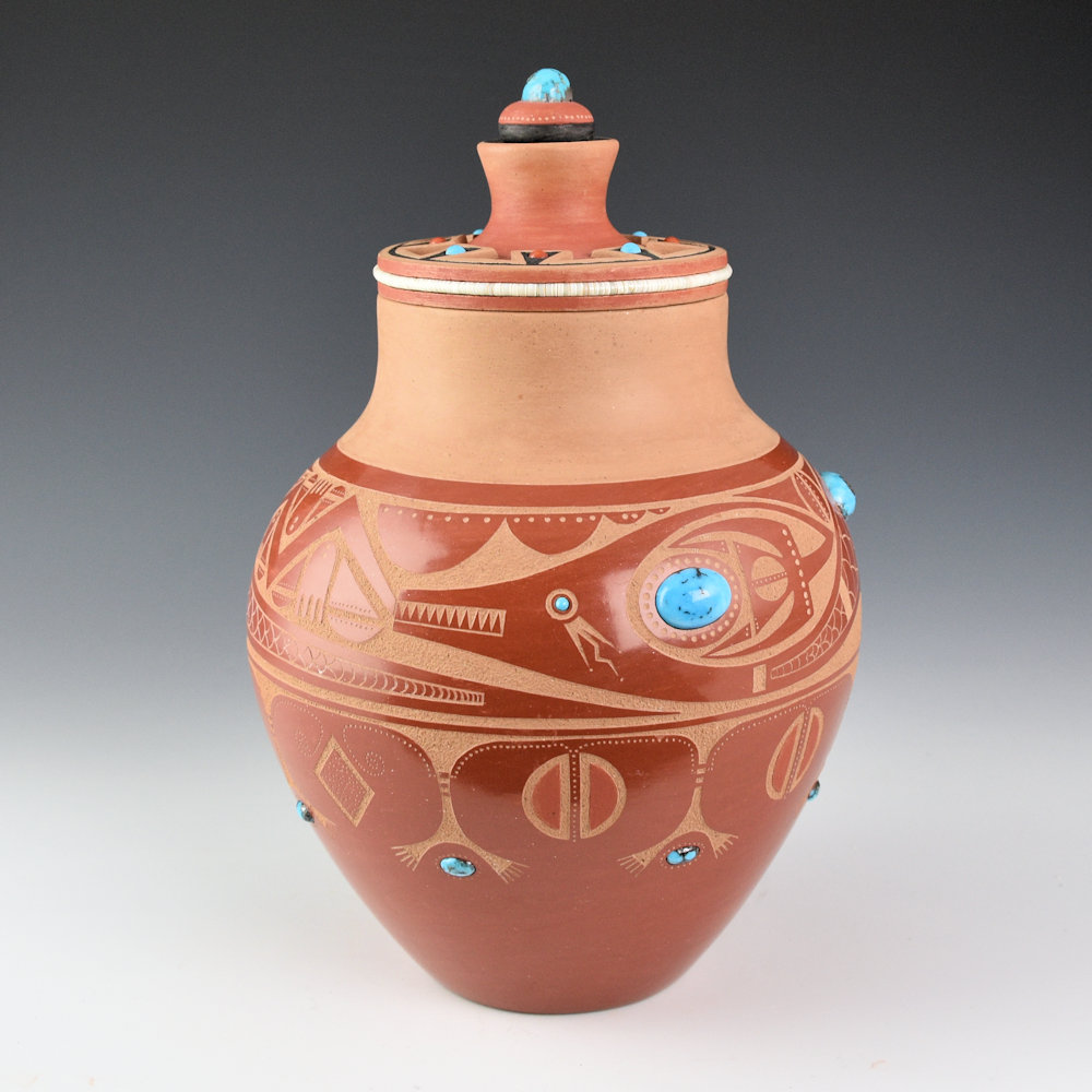 Da, Tony - Avanyu Jar with Carved Lid and Turquoise and Coral (1978-9)