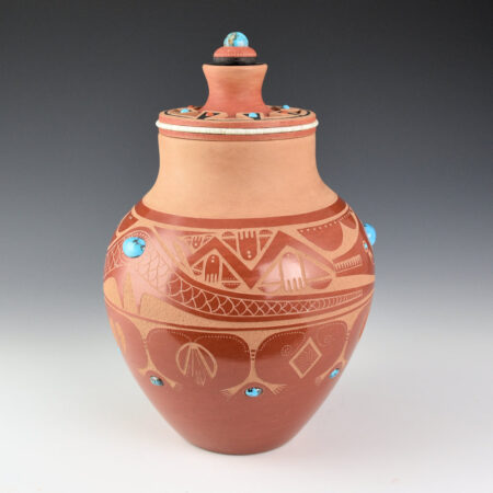 Alternative view of Da, Tony - Avanyu Jar with Carved Lid and Turquoise and Coral (1978-9)