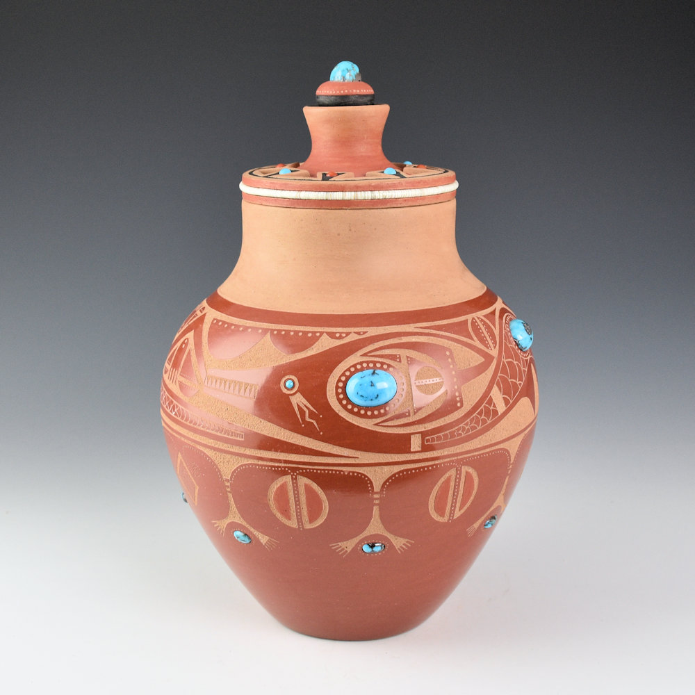 Da, Tony - Avanyu Jar with Carved Lid and Turquoise and Coral (1978-9) - Image 5