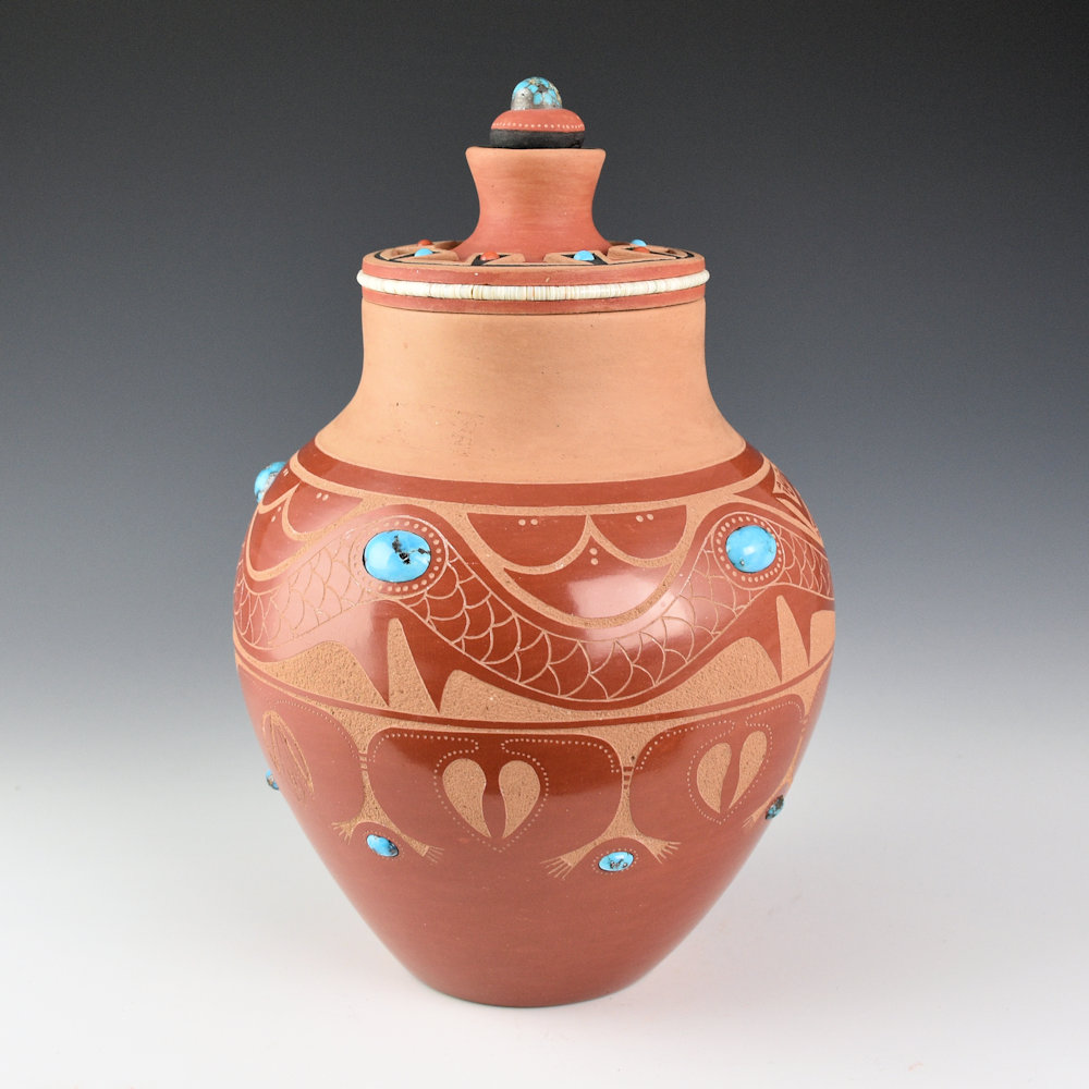 Da, Tony - Avanyu Jar with Carved Lid and Turquoise and Coral (1978-9) - Image 3