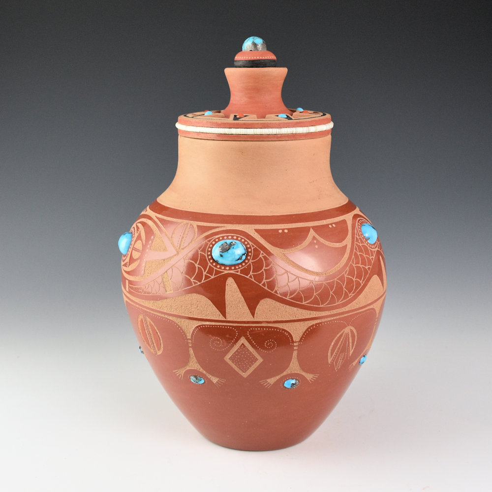 Da, Tony - Avanyu Jar with Carved Lid and Turquoise and Coral (1978-9) - Image 4