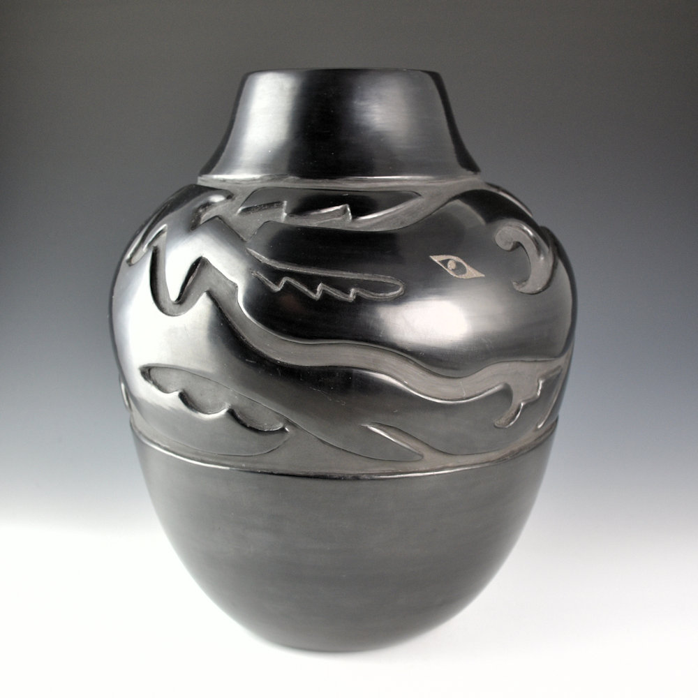 Ebelacker, Virginia - 11" Tall Jar with Carved Avanyu (1980s)