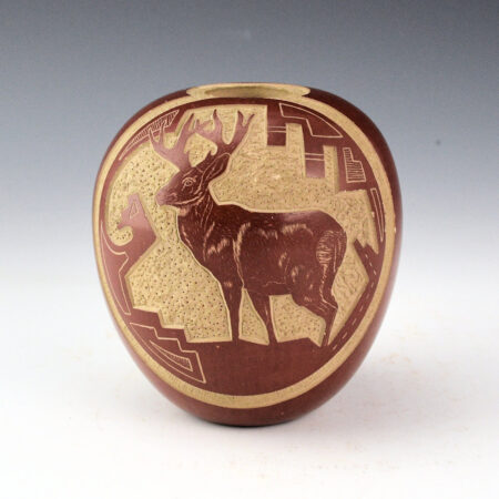 Alternative view of Youvella, Wallace - Red Bowl with Etched Deer (1970s)