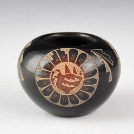 Suazo, Candelaria - Black and Sienna Bowl with Quail, Hummingbird, and Flute Player