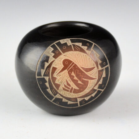 Suazo, Candelaria - Black and Sienna Bowl with Hummingbird, and Flute Player