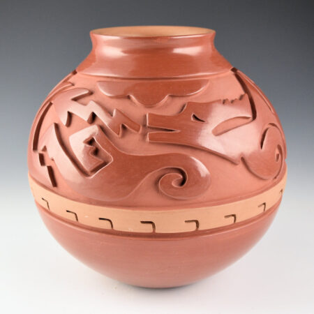 Cain, Linda - Large Red and Tan Jar with Carved Avanyu