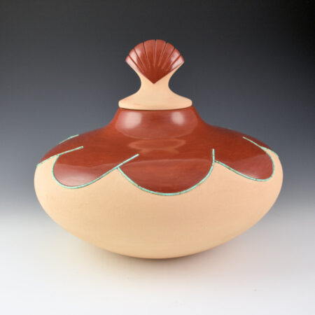 Alternative view of Sanchez, Russell  - 10" Wide Tan and Red Jar with Shell Lid and Turquoise (1993)