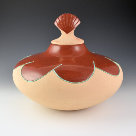 Sanchez, Russell  - 10" Wide Tan and Red Jar with Shell Lid and Turquoise (1993)