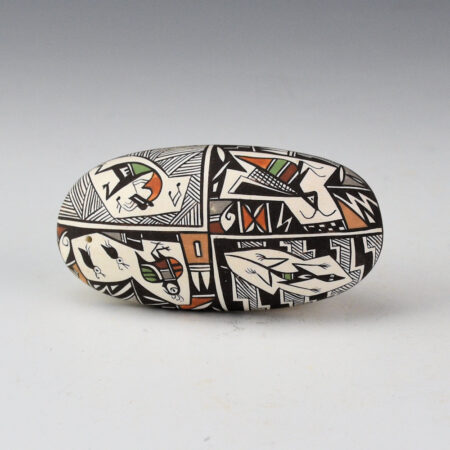 Lewis-Garcia, Diane - Mulit-Color Oval Seedpot with Lizard, Flute Player, Quail, and Grasshopper