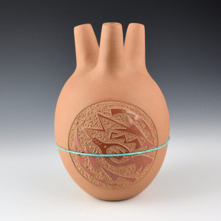 Alternative view of Gonzales, Tse-Pe - Three-Spout Jar with Sun, Avanyu, and Bear (1980s)