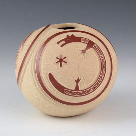 Youvella, Wallace - Red Bowl with Flute Player, Corn, and Coyote (1980s)