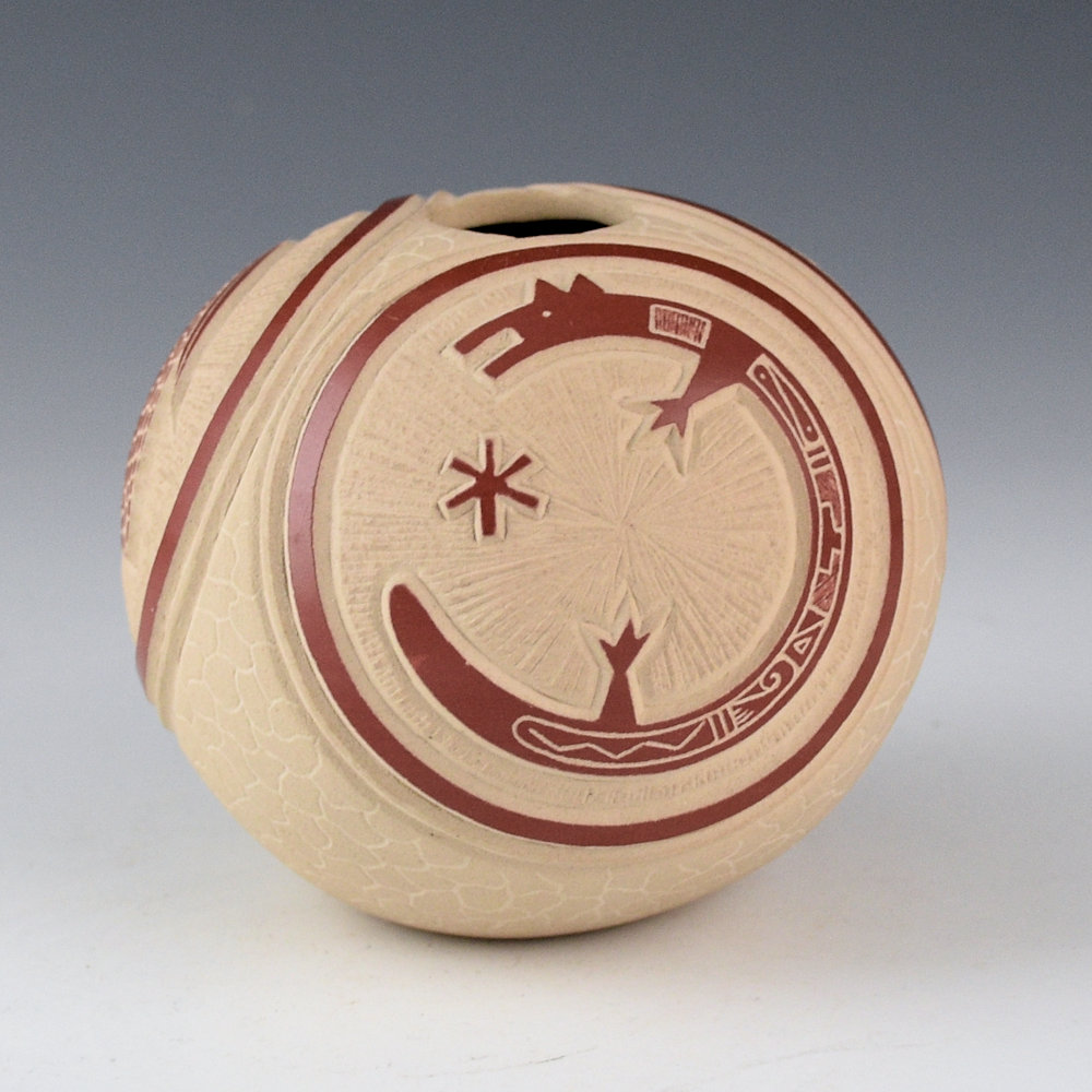 Youvella, Wallace - Red Bowl with Flute Player, Corn, and Coyote (1980s)