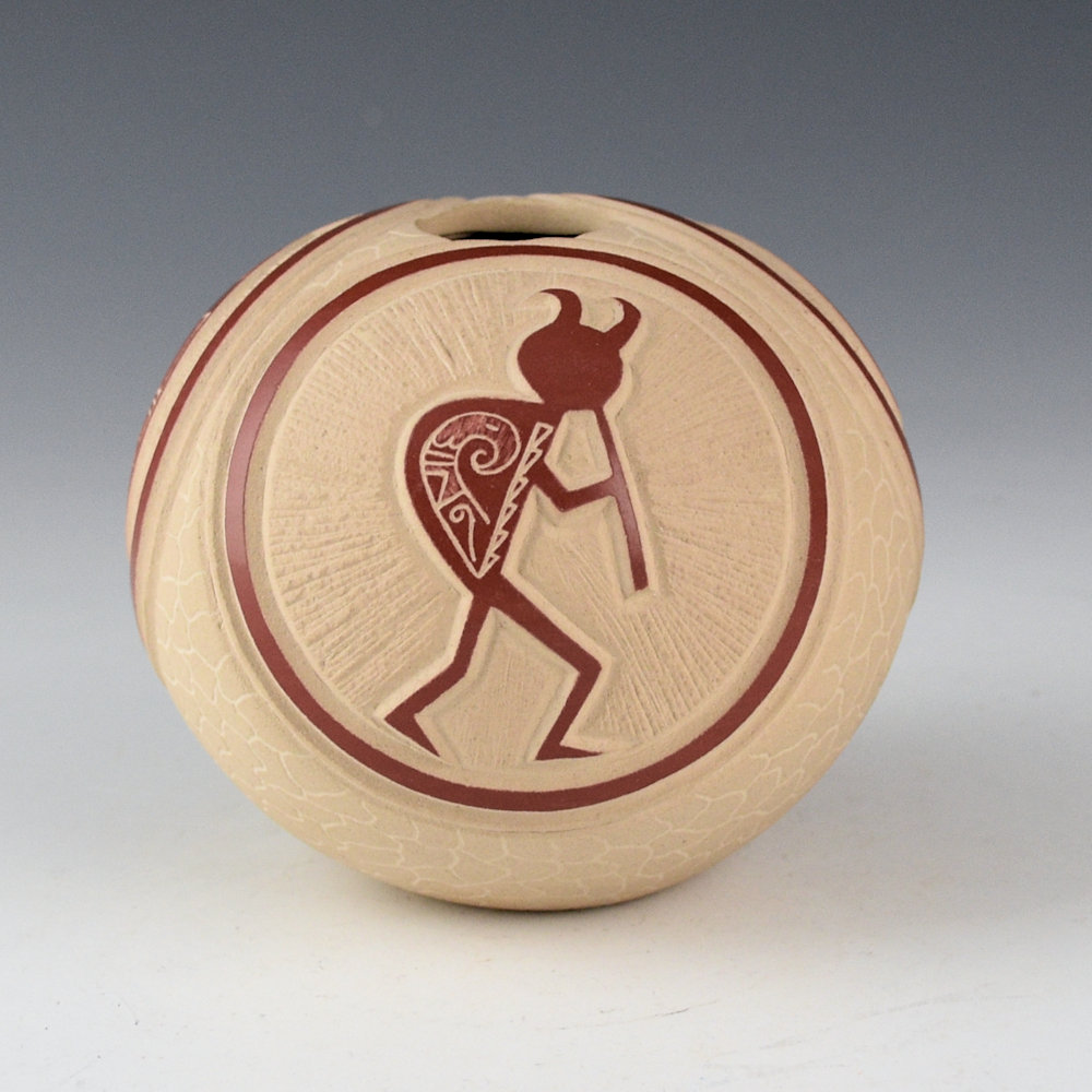 Youvella, Wallace - Red Bowl with Flute Player, Corn, and Coyote (1980s) - Image 3