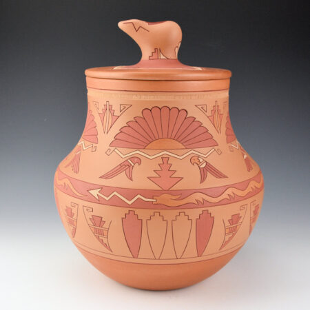 Curran, Dolores - 9.5" Tall Polychrome Water Jar with Avanyu, Birds, and Bear Lid