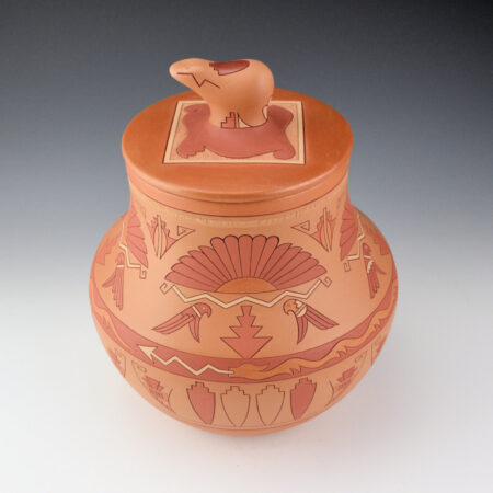 Alternative view of Curran, Dolores - 9.5" Tall Polychrome Water Jar with Avanyu, Birds, and Bear Lid