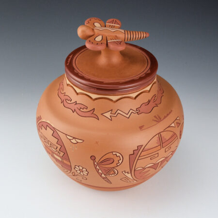 Alternative view of Curran, Dolores - 7" Tall Polychrome Water Jar with Avanyu, Butterflies, Sun, and Butterfly Lid
