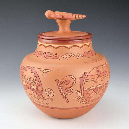 Curran, Dolores - 7" Tall Polychrome Water Jar with Avanyu, Butterflies, Sun, and Butterfly Lid