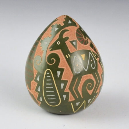 Tafoya, Emily - Green Seedpot with Antelope, Big Horn Sheep, and Hunter (2000s)