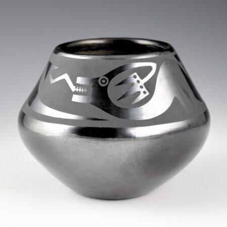 Martinez, Maria - Gunmetal Fired Jar with Avanyu, "Maria + Popovi 465" (1964)