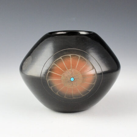 Suazo, Ron - Black and Sienna Jar with Feather Design and Turquoise (1988)
