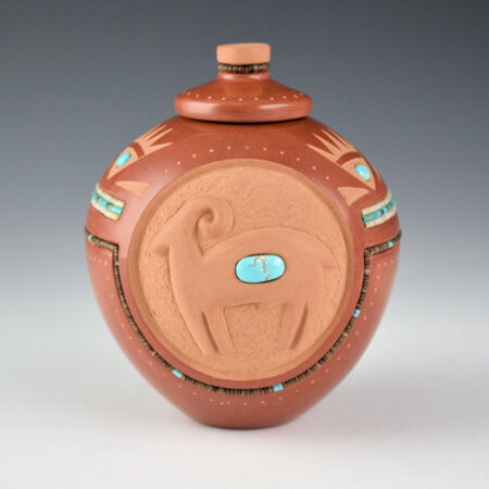 Sanchez, Russell  -  Jar with Relief-Carved Big Horn Sheep, Plant Designs, and Lid