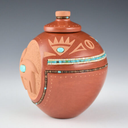 Alternative view of Sanchez, Russell  -  Jar with Relief-Carved Big Horn Sheep, Plant Designs, and Lid