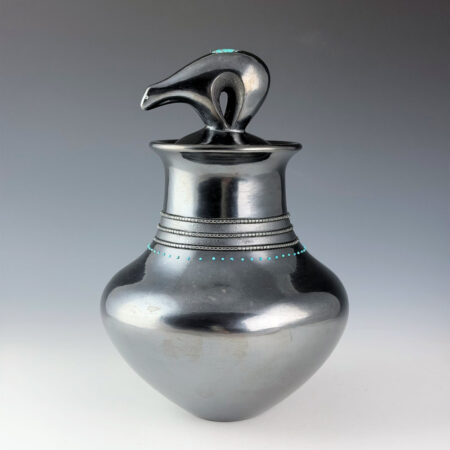 Sanchez, Russell  - Gunmetal Fired Water Jar with Bear Lid and 53 Inset Turquoise