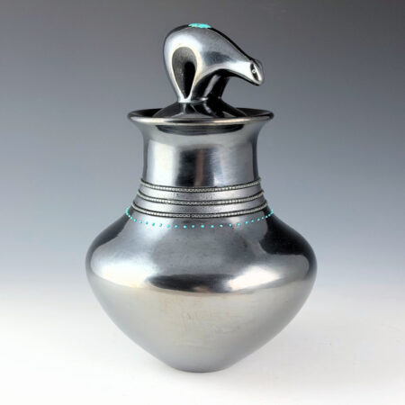 Alternative view of Sanchez, Russell  - Gunmetal Fired Water Jar with Bear Lid and 53 Inset Turquoise